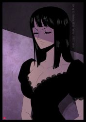 Rule 34 | 1girl, black border, black dress, blunt bangs, border, breasts, chris re5, cleavage, closed eyes, collarbone, dress, frown, large breasts, long hair, nico robin, one piece, purple background, shade, sidelocks, signature, solo, twitter username, upper body, v-shaped eyebrows