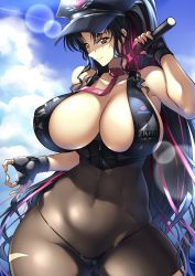 Rule 34 | 1girl, absurdres, bikini, black bikini, black gloves, black hair, bodystocking, breasts, brown eyes, cleavage, cloud, covered navel, facial mark, fate/grand order, fate (series), fingerless gloves, forehead mark, gloves, gluteal fold, haganef, hat, highres, holding, huge breasts, lens flare, light stick, long hair, multicolored hair, ok sign, parted bangs, pink hair, police hat, ponytail, sessyoin kiara, sessyoin kiara (swimsuit mooncancer), sessyoin kiara (swimsuit mooncancer) (second ascension), sky, smile, solo, streaked hair, swimsuit, very long hair