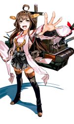 Rule 34 | 1girl, ahoge, boots, brown hair, cannon, detached sleeves, full body, grey eyes, hand on own hip, headgear, highres, kantai collection, kongou (kancolle), long hair, mecha musume, outstretched arm, photoshop (medium), pleated skirt, skirt, so-bin, solo, thigh boots, thighhighs, wide sleeves, zettai ryouiki