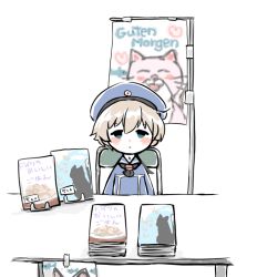 Rule 34 | 1girl, animal, bad id, bad twitter id, black cat, blue eyes, blue hat, blush, book, book stack, book stand, booth seating, cat, chair, convention, dress, fish, flag, folding chair, german text, hat, heart, kantai collection, karin bluez3, meta, neckerchief, price tag, sailor collar, sailor dress, sailor hat, short hair, silver hair, sitting, solo, table, translated, unsinkable sam, white background, z1 leberecht maass (kancolle)