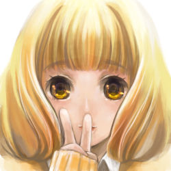 Rule 34 | 10s, 1girl, blonde hair, collared shirt, eyelashes, face, kise yayoi, looking at viewer, lowres, precure, shirt, short hair, simple background, smile, smile precure!, solo, sweater, v, white background, white shirt, yamori (stom), yellow eyes, yellow sweater