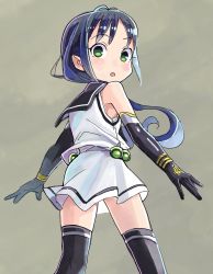 Rule 34 | 1girl, :o, black sailor collar, black thighhighs, blue hair, blush, commentary request, elbow gloves, from behind, gloves, green eyes, grey background, head tilt, highres, kantai collection, long hair, looking at viewer, low twintails, mizoki kei, parted lips, sailor collar, school uniform, serafuku, simple background, skirt, sleeveless, solo, suzukaze (kancolle), thighhighs, twintails, white skirt