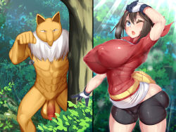 Rule 34 | 1girl, abs, ass, bandana, blue eyes, blush, breasts, brown hair, bush, cameltoe, censored, cleft of venus, covered erect nipples, creatures (company), fanny pack, forest, full body, game freak, gen 1 pokemon, gloves, highres, huge ass, huge breasts, hypno, kawahagitei, may (pokemon), mosaic censoring, nature, nintendo, one eye closed, outdoors, penis, perky breasts, pokemon, pokemon (creature), pokemon rse, red skirt, shoes, short sleeves, skindentation, skirt, sneakers, solo, sunlight, sweat, sweatdrop, testicles, tree