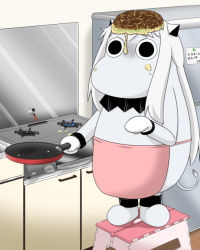 Rule 34 | (o) (o), 10s, abyssal ship, apron, comic, commentary, cooking, food, food on face, food on head, frying pan, full body, horns, jewelry, kantai collection, kitchen, long hair, mittens, moomin, moomintroll, muppo, northern ocean princess, object on head, okonomiyaki, refrigerator, revision, sazanami konami, standing, standing on object, step, stool, stove, translated