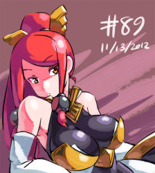 Rule 34 | 1girl, 2012, arc system works, bare shoulders, blazblue, blazblue: chronophantasma, bodysuit, breasts, cleavage, dated, detached sleeves, frown, hair bobbles, hair ornament, hair tubes, halterneck, izayoi (blazblue), junkpuyo, large breasts, leaning back, long hair, lying, on side, pink background, ponytail, red hair, simple background, skin tight, solo, upper body, yellow eyes