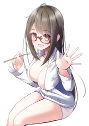 Rule 34 | 1girl, :d, absurdres, bare legs, blush, breasts, brown eyes, brown hair, cleavage, collared shirt, dated, glasses, highres, holding, large breasts, legs together, long hair, long sleeves, mimikaki, nekobaka, open mouth, original, red-framed eyewear, shirt, short shorts, shorts, sidelocks, simple background, sitting, smile, solo, swept bangs, thighs, transparent background, white background, white shirt