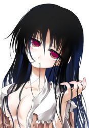 Rule 34 | 1girl, black legwear, breasts, hair in own mouth, houraisan kaguya, long hair, looking at viewer, no bra, open clothes, open shirt, red eyes, shirt, small breasts, smile, solo, touhou, ugatsu matsuki, upper body