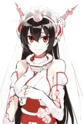 Rule 34 | 10s, 1girl, adapted costume, bad id, bad pixiv id, black hair, blush, breasts, bridal veil, dress, fingerless gloves, gloves, hairband, headgear, jewelry, kantai collection, large breasts, long hair, nagato (kancolle), red eyes, ring, ruuto (sorufu), simple background, smile, solo, veil, wedding dress, white background