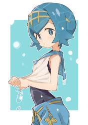 Rule 34 | 1girl, blue background, blue eyes, blue hair, blush, closed mouth, creatures (company), game freak, gazacy (dai), highres, lana (pokemon), looking at viewer, nintendo, one-piece swimsuit, pokemon, pokemon sm, short hair, solo, swimsuit, swimsuit under clothes, two-tone background, wet, wet clothes, white background
