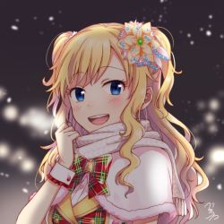 Rule 34 | 1girl, :d, bekkourico, blonde hair, blue eyes, blush, bow, breath, capelet, flower, fur-trimmed capelet, fur trim, hair flower, hair ornament, idolmaster, idolmaster cinderella girls, long hair, looking at viewer, motion blur, ohtsuki yui, open mouth, plaid, plaid bow, plaid neckwear, red bow, red neckwear, round teeth, scarf, signature, smile, snowing, solo, swept bangs, tareme, teeth, two side up, upper body, upper teeth only, white scarf, wrist cuffs, yellow flower
