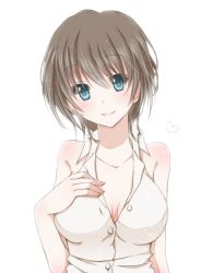 Rule 34 | 1girl, bad id, bad pixiv id, bare arms, bare shoulders, blue eyes, blush, breasts, brown hair, collarbone, hiro (hirohiro31), large breasts, looking at viewer, original, short hair, simple background, sleeveless, smile, solo, upper body, white background