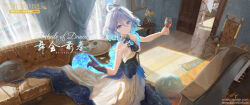 Rule 34 | &gt; &lt;, 3girls, black gloves, blue dress, blue eyes, blue hair, boots, bottle, chair, character request, closed mouth, couch, cup, curtains, door, dress, drinking glass, drop-shaped pupils, flower, furina (genshin impact), genshin impact, gloves, gradient hair, grey hair, heterochromia, highres, holding, holding cup, indoors, multicolored clothes, multicolored dress, multicolored hair, multiple girls, paimon (genshin impact), purple eyes, scenery, short hair, single glove, smile, solo focus, symbol-shaped pupils, table, thigh boots, watermark, wboss, web address, white dress, white hair, wine glass