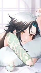 Rule 34 | 1boy, absurdres, arm tattoo, black hair, black nails, black shirt, blue hair, blush, facial mark, forehead mark, genshin impact, highres, hugging object, looking at viewer, lying, male focus, mashiraion, multicolored hair, on stomach, parted lips, pillow, pillow hug, shirt, sleeveless, sleeveless shirt, solo, stuffed animal, stuffed bird, stuffed toy, tattoo, twitter username, upper body, xiao (genshin impact), yellow eyes