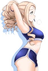 Rule 34 | 1girl, adjusting hair, armpits, arms up, blonde hair, breasts, breath, commentary request, drill hair, from side, girls und panzer, green eyes, marie (girls und panzer), medium breasts, midriff, mouth hold, ponytail, profile, rebake, revision, short hair, simple background, solo, sportswear, standing, sweat, white background