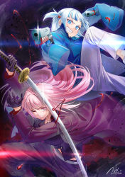 Rule 34 | 2girls, aiming, aiming at viewer, alternate costume, artist name, belt, black gloves, black pants, blood, blue eyes, blue hair, blue jacket, blunt bangs, breasts, closed mouth, commentary, dual wielding, feet out of frame, floating hair, formal, gawr gura, glint, gloves, grin, gun, hair ornament, half gloves, handgun, highres, holding, holding gun, holding sword, holding weapon, hololive, hololive english, jacket, jewelry, katana, large breasts, long hair, long sleeves, looking at viewer, midriff peek, mori calliope, multicolored hair, multiple girls, necklace, nisui noki, one eye closed, open clothes, open jacket, pants, pink eyes, pink hair, pistol, purple jacket, purple suit, q (hololive), red shirt, serious, shark hair ornament, sharp teeth, shirt, short twintails, signature, silver hair, sleeves past fingers, sleeves past wrists, smile, streaked hair, suit, sword, teeth, twintails, two-tone hair, two side up, v-shaped eyebrows, virtual youtuber, weapon, white belt, white pants