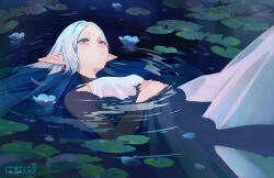 Rule 34 | 1girl, alternate hairstyle, bare shoulders, blush, closed mouth, commentary, dress, earrings, elf, english commentary, frieren, green eyes, highres, jewelry, long hair, looking up, own hands together, partially submerged, peaces arts, pointy ears, sleeveless, sleeveless dress, solo, sousou no frieren, very long hair, water, white dress, white hair