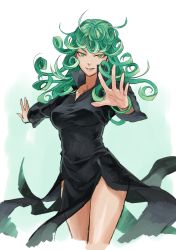 Rule 34 | 1girl, alternate breast size, bad id, bad pixiv id, black dress, curly hair, dress, green eyes, green hair, indesign, matching hair/eyes, aged up, one-punch man, solo, tatsumaki