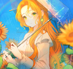 Rule 34 | 1girl, absurdres, blonde hair, blush, braid, closed mouth, commission, dress, earrings, flower, french braid, highres, holding, holding flower, holding umbrella, jewelry, long hair, long sleeves, looking at viewer, original, parasol, patch oxxo, rain, rainbow, resolution mismatch, solo, source smaller, sunflower, transparent, transparent umbrella, umbrella, upper body, white dress, yellow eyes