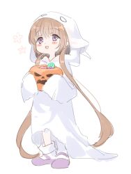 Rule 34 | 1girl, absurdres, alternate costume, blush stickers, brown hair, chipochopo324, commentary request, flower (symbol), food, full body, ghost costume, happy, highres, holding, holding food, holding pumpkin, holding vegetable, hood, hood up, jack-o&#039;-lantern, long hair, looking up, loose socks, low twintails, mary janes, open mouth, pumpkin, purple eyes, purple footwear, raised eyebrows, shoes, simple background, sleeves past fingers, sleeves past wrists, smile, socks, solo, trick-or-treating, tsukuyomi ai, twintails, vegetable, very long hair, voiceroid, white background, white socks