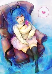 Rule 34 | 10s, 1girl, animal ears, bad id, bad twitter id, between breasts, black thighhighs, blue eyes, blue hair, breasts, candy, cat ears, cat tail, chair, chiwa (wakamukuroko), cleavage, cleavage cutout, clothing cutout, fake animal ears, food, heart, heterochromia, large breasts, lips, lollipop, long hair, long sleeves, matching hair/eyes, meme attire, open-chest sweater, pink skirt, red eyes, sitting, skirt, sleeves past wrists, solo, spoken heart, sweater, tail, thighhighs, tokyo ghoul, tokyo ghoul:re, twintails, yonebayashi saiko, zettai ryouiki