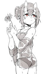 Rule 34 | 1girl, absurdres, bare shoulders, bikini, breasts, collarbone, cowboy shot, crossed bangs, earrings, flower, greyscale, hair between eyes, hands up, highres, holding, holding flower, horns, jewelry, looking back, monochrome, off shoulder, original, pointy ears, ponytail, red eyes, sake goroke, see-through, see-through shirt, short hair, side-tie bikini bottom, sidelocks, simple background, skin-covered horns, small breasts, solo, spot color, swimsuit, twisted torso, wet, white background