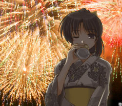 Rule 34 | 1girl, aerial fireworks, alcohol, beer, black hair, fireworks, hana (hana mo arashi mo), japanese clothes, kimono, one eye closed, original, solo, yukata