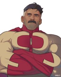 1boy absurdres artist_name bara black_hair crossed_arms enri_(ceinordraws) facial_hair grey_eyes highres invincible_(series) large_pectorals male_focus mature_male multicolored_hair muscular muscular_male mustache nolan_grayson painttool_sai_(medium) pectorals simple_background solo two-tone_hair upper_body white_background