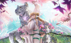 Rule 34 | 1girl, animal, bare arms, bare shoulders, blonde hair, character request, chinese zodiac, copyright request, dress, feet, fh moya, full body, hair ornament, highres, no shoes, pantyhose, puddle, reflection, reflective water, ripples, sitting, socks, soles, thighhighs, tiger, toes, white thighhighs, year of the tiger