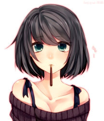 Rule 34 | 1girl, aqua eyes, bare shoulders, black hair, blush, breasts, cleavage, collarbone, female focus, food, green eyes, looking at viewer, mouth hold, naked sweater, off shoulder, original, pocky, revision, ribbed sweater, sasakichi (ssk chi), shiny skin, short hair, simple background, solo, sweater, twitter username, upper body, white background