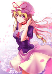 Rule 34 | 1girl, absurdres, adapted costume, blonde hair, cherry blossoms, choker, commentary request, hat, hat ribbon, highres, koissa, long hair, looking at viewer, mob cap, mole, mole under eye, pink eyes, pink skirt, puffy short sleeves, puffy sleeves, purple shirt, red ribbon, ribbon, shirt, short sleeves, skirt, solo, standing, touhou, water, yakumo yukari