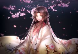 Rule 34 | 1girl, ahoge, animal print, bad id, bad pixiv id, bird print, black background, blue eyes, branch, brown hair, closed mouth, fate/grand order, fate (series), floral print, japanese clothes, kara no kyoukai, kimono, lips, long hair, long sleeves, meaomao, parted bangs, plant, revision, ryougi shiki, ryougi shiki (third ascension), simple background, smile, solo, striped, tassel, tree, upper body, vertical stripes, very long hair, wide sleeves