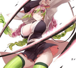 Rule 34 | 1girl, arms up, belt, black jacket, black skirt, braid, breasts, buttons, closed mouth, collared jacket, floating hair, frown, green eyes, green thighhighs, hair between eyes, haori, holding, holding sword, holding weapon, jacket, japanese clothes, kanroji mitsuri, kimetsu no yaiba, large breasts, legs apart, long hair, long sleeves, looking at viewer, military, military uniform, miniskirt, mole, mole under eye, nail polish, no bra, no panties, open clothes, open jacket, pink nails, pleated skirt, ribbed legwear, serious, shiny skin, shirt, simple background, skirt, solo, standing, sword, thick thighs, thighhighs, thighs, tri braids, uniform, v-shaped eyebrows, weapon, whip sword, white background, white belt, white shirt, wind, wind lift, yorei (death0813)