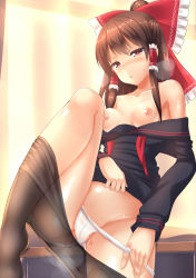Rule 34 | 1girl, alternate costume, bare shoulders, black pantyhose, black serafuku, blush, bow, breasts, brown eyes, brown hair, cameltoe, clothes lift, clothes pull, covering privates, covering breasts, crotch seam, hair bow, hair tubes, hakurei reimu, highres, japanese clothes, karasu10gu, legs, miko, nipples, off shoulder, open mouth, panties, panty pull, pantyhose, pantyhose pull, pussy juice, red eyes, ribbon, school uniform, serafuku, shiny skin, shirt pull, skirt, skirt lift, small breasts, solo, touhou, underwear, undressing, white panties