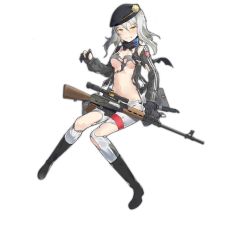 Rule 34 | 1girl, aosora kamiya, beret, black gloves, black hat, black scarf, blush, breasts, clenched teeth, combat knife, emblem, full body, girls&#039; frontline, gloves, grey hair, grey jacket, gun, hair between eyes, hat, jacket, knife, long hair, long sleeves, looking at viewer, medium breasts, navel, official art, pants, partially fingerless gloves, rifle, scarf, scope, semi-automatic firearm, semi-automatic rifle, sidelocks, sniper rifle, solo, stomach, tachi-e, teeth, torn clothes, transparent background, weapon, white pants, yellow eyes, zas m76 (girls&#039; frontline), zastava m76