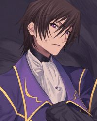 Rule 34 | 1boy, ascot, black background, black cape, blue jacket, brown hair, cape, clenched hand, code geass, cropped, hair between eyes, hand up, highres, jacket, lelouch vi britannia, looking at viewer, male focus, open mouth, purple eyes, short hair, sidelocks, solo, upper body, v-shaped eyebrows, white ascot, wozue