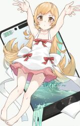 Rule 34 | 1girl, armpits, barefoot, battery indicator, blonde hair, blush, bow, breasts, cellphone, collarbone, commentary, dot mouth, dress, dress bow, full body, gonza (gonzares910), halterneck, long hair, mini person, minigirl, monogatari (series), oshino shinobu, outstretched arms, phone, pink dress, pouring, reaching, reaching towards viewer, red bow, simple background, sleeveless, sleeveless dress, small breasts, smartphone, solo, sundress, swept bangs, toes, very long hair, white background, white dress, yellow eyes