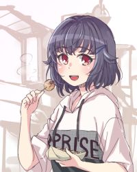 Rule 34 | 10s, 1girl, :d, bad id, bad pixiv id, bang dream!, black hair, blush, clothes writing, drawstring, food, hair flaps, hair ornament, hairpin, holding, holding food, hood, hood down, hoodie, looking at viewer, open mouth, red eyes, short hair, short sleeves, smile, solo, steam, takoyaki, tamaguu (lanev0), upper body, ushigome rimi, white hoodie