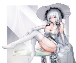 Rule 34 | absurdres, azur lane, blue eyes, breasts, cleavage, dress, elbow gloves, gloves, hair ribbon, hat, highres, illustrious (azur lane), la ruby, lace-trimmed headwear, lace trim, large breasts, mole, mole under eye, ribbon, solo, strapless, strapless dress, sun hat, thighhighs, tress ribbon, tri tails, white dress, white gloves, white hair, white hat, white thighhighs