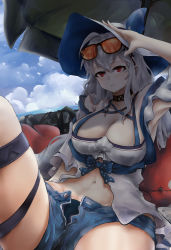 Rule 34 | 1girl, absurdres, ahoge, arknights, arm up, armpits, blue shorts, blue sky, breasts, cleavage, cloud, commentary, day, eyewear on head, highres, large breasts, navel, official alternate costume, open fly, red eyes, short shorts, shorts, silver hair, skadi (arknights), skadi (waverider) (arknights), sky, solo, stomach, sunglasses, thigh strap, thighs, vyragami, white headwear