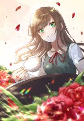 Rule 34 | 1girl, absurdres, blurry, blurry foreground, blush, brown hair, collared shirt, cup, falling petals, flower, from below, green eyes, highres, holding, holding cup, long hair, long sleeves, neck ribbon, original, petals, ribbon, rose, school uniform, shirt, smile, solo, ssn (sasa8u9r), table, teacup, wind