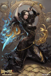 Rule 34 | 10s, 1girl, arms up, black eyes, black hair, blade &amp; soul, bodysuit, breasts, chocofing r, company name, copyright name, english text, head tilt, highres, holding, holding sword, holding weapon, jin seo-yeon, kneeling, long hair, looking at viewer, parted lips, skin tight, solo, sword, watermark, weapon
