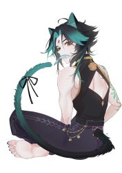 Rule 34 | 1boy, absurdres, alternate costume, animal ears, aoma (xuanzexuexi), aqua nails, bell, bishounen, black bow, black hair, bow, cat boy, cat ears, cat tail, closed mouth, eyeshadow, facial mark, fish, forehead mark, full body, genshin impact, green hair, highres, jewelry, long toenails, makeup, male focus, mouth hold, multicolored hair, nail polish, simple background, sitting, solo, tail, tattoo, toenails, white background, xiao (genshin impact), yellow eyes