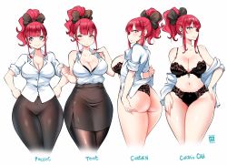 Rule 34 | 1girl, ass, black panties, blouse, blunt bangs, bra, breasts, cleavage, curtain call challenge (meme), english text, half-closed eyes, hands on own hips, highres, kenron toqueen, loose clothes, meme, panties, pants, pantyhose, ponytail, red hair, ribbon hair, shirt, simple background, skirt, sleeveless, sleeveless shirt, thong, tomatita, underwear, white background, white shirt, wide hips