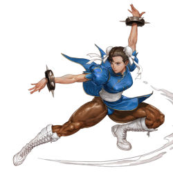 Rule 34 | 1girl, boots, bracelet, breasts, brown hair, capcom, china dress, chinese clothes, chun-li, double bun, dress, earrings, fighting stance, hair bun, jewelry, large breasts, martial arts, muscular, muscular female, muscular legs, pantyhose, sash, solo, spiked bracelet, spikes, street fighter, tahra, white footwear