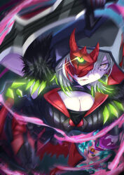 Rule 34 | 1girl, black shirt, breasts, cleavage, cleavage cutout, clothing cutout, dagger, diabellstar the black witch, duel monster, eye trail, glowing, glowing eye, green eyes, green hair, grey hair, half mask, highres, holding, holding dagger, holding knife, holding weapon, hood, hood up, incoming attack, knife, large breasts, light trail, looking at viewer, mask, motion blur, multicolored hair, pants, red pants, shiina aono, shirt, short hair, snake-eyes poplar, streaked hair, weapon, yu-gi-oh!