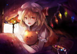 Rule 34 | 1girl, :d, absurdres, bad id, bad pixiv id, blonde hair, fangs, flandre scarlet, hair between eyes, hat, hat ribbon, highres, holding, jewelry, lace-trimmed sleeves, lace trim, lamp, long hair, looking at viewer, lying, mob cap, on stomach, open mouth, pillow, puffy short sleeves, puffy sleeves, red eyes, ribbon, short sleeves, side ponytail, smile, solo, stuffed animal, stuffed toy, teddy bear, touhou, upper body, when you see it, wings, yuki shiro (ubq315)