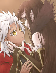 Rule 34 | 1boy, 1girl, amakusa shirou (fate), bare shoulders, black hair, brown background, dark skin, elbow gloves, fate/apocrypha, fate (series), frills, gloves, grey hair, long hair, open mouth, pointy ears, semiramis (fate), smile, yellow eyes