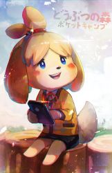 Rule 34 | 1girl, animal crossing, animal ears, bad id, bad pixiv id, barefoot, bell, blonde hair, blue eyes, blue skirt, blue sky, blush stickers, buck teeth, cellphone, cloud, day, dog ears, dog girl, dog tail, female focus, full body, furry, furry female, glint, hair bell, hair ornament, hair tie, hands up, happy, highres, holding, holding phone, isabelle (animal crossing), jacket, japanese text, jingle bell, kashu (hizake), long sleeves, looking up, miniskirt, neck ribbon, nintendo, no humans, open mouth, outdoors, pencil skirt, phone, red ribbon, ribbon, shirt, short hair, sitting, skirt, sky, smile, solo, tail, teeth, topknot, translation request, tree stump, white shirt, yellow jacket
