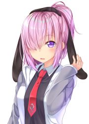 Rule 34 | 1girl, alternate costume, alternate hairstyle, animal ears, black shirt, blush, breasts, collared shirt, commentary request, eyelashes, fake animal ears, fate/grand order, fate (series), gurande (g-size), hair between eyes, hair ornament, hair over one eye, hand up, highres, hood, hood down, hooded jacket, hoodie, jacket, long sleeves, looking at viewer, mash kyrielight, necktie, open clothes, open hoodie, open mouth, pantyhose, pink hair, ponytail, purple eyes, rabbit ears, red necktie, shirt, short hair, simple background, skirt, solo, standing, upper body, white background, wing collar
