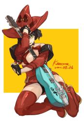 Rule 34 | 1girl, amatuki, artist name, ass, bare shoulders, belt, between breasts, black choker, black gloves, black hair, bob cut, border, breasts, choker, cleavage, clothing cutout, collarbone, dated, electric guitar, fingerless gloves, gloves, guilty gear, guilty gear xrd, guitar, hat, highres, holding, holding instrument, i-no, instrument, large breasts, mole, mole under eye, o-ring, o-ring top, red hat, short hair, simple background, solo, thighs, white border, witch, witch hat, yellow background